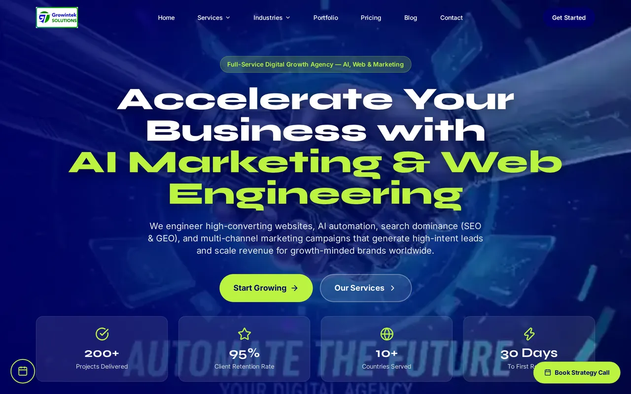 Screenshot of the live Growintek website homepage — AI-powered digital marketing and web development agency