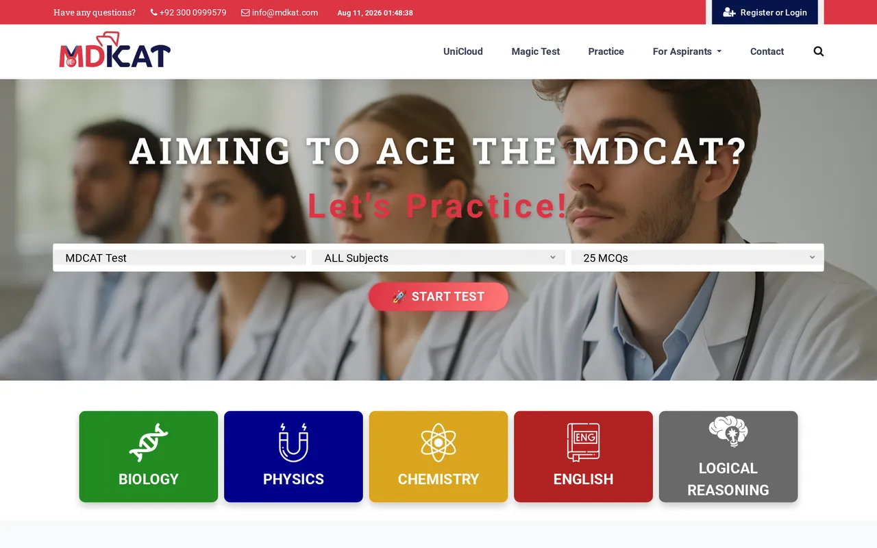 Screenshot of the live MDKAT website — MDCAT practice test platform homepage