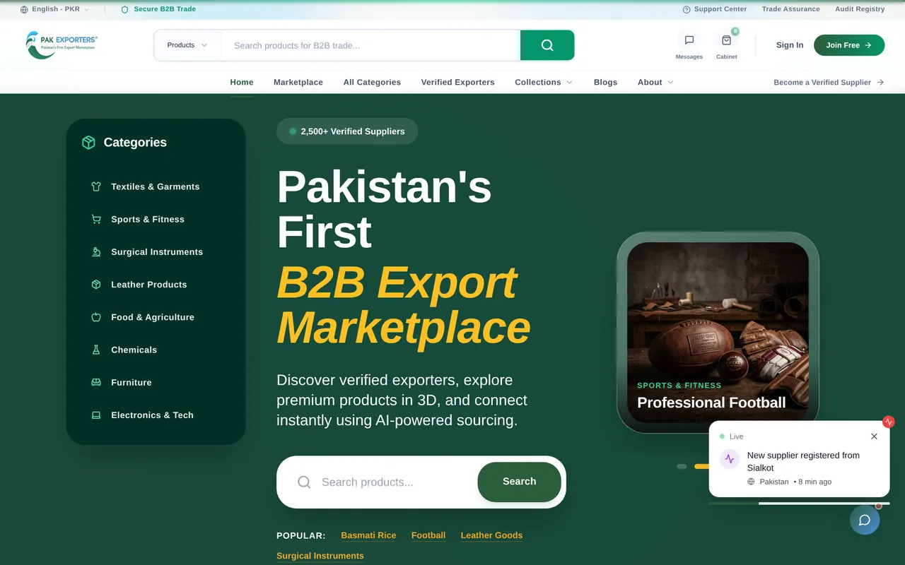 Screenshot of the live Pak Exporters website — Pakistan B2B export marketplace homepage