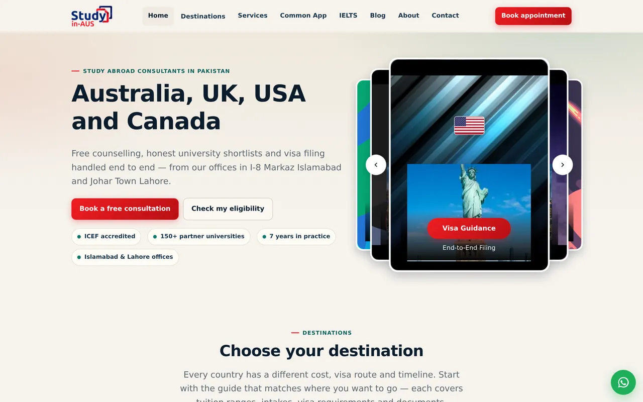 Screenshot of the live Study in AUS website — study abroad and student visa consultancy homepage