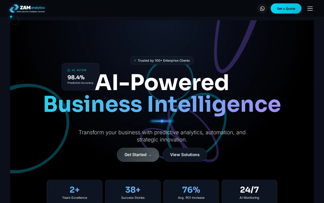 Screenshot of the live ZAM Analytics website — AI-powered business intelligence and analytics platform homepage